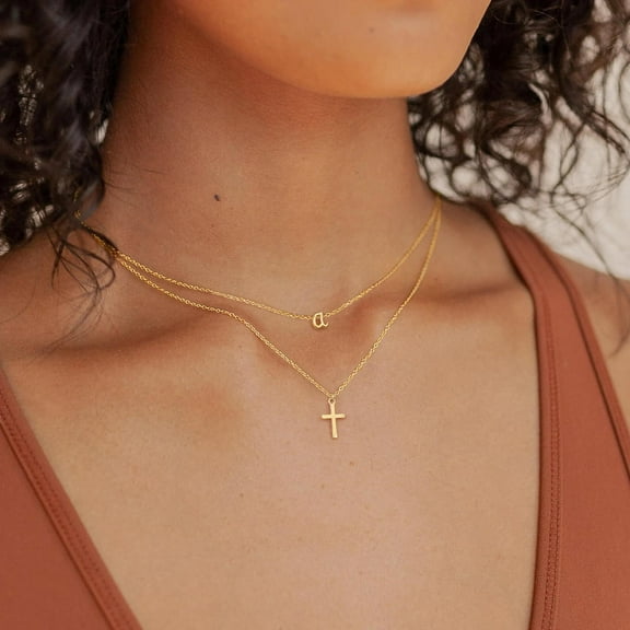 IEFSHINY Cross Initial Necklace for Women Dainty 14K Gold Plated Layered Necklace Simple Gold Necklaces for Women Trendy