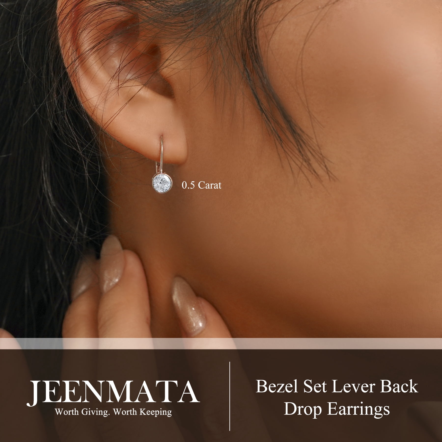 JeenMata 0.50 Carat Lab Grown Diamond Bezel Set Leverback Drop Earring - in 18K White Gold Plating Earrings for Women, Gift for Girlfriend, Mother, Her