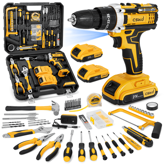 Cshidworld 118-Piece Home Tool Set with 21V Cordless Drill, Cordless Drill Set with 2 Batteries and Charger, Power Cordless Drill Hand Repair Tools Kit Combo Kits Storage Organizer Case for Men Women