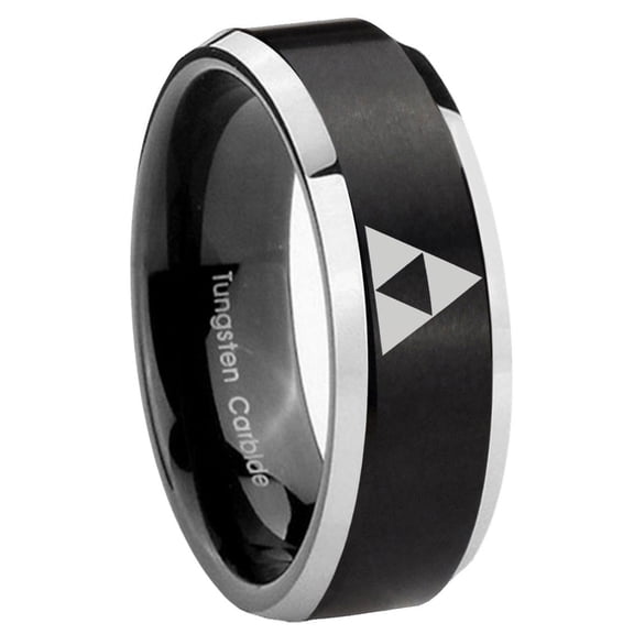 Zelda Triforce Beveled Edge Brush Black 2 Tone Tungsten Ring 10MM