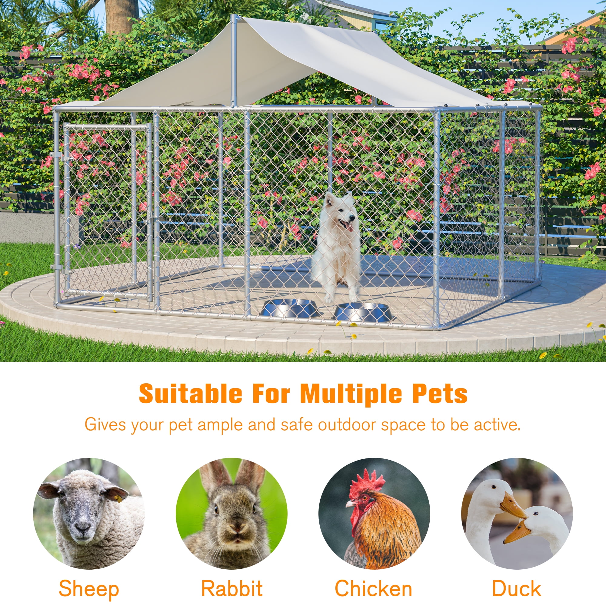 LZBEITEM Large Outdoor Dog Run Kennel, Heavy Duty Dog Pets Cage Galvanized Steel Dog Fence Dog Enclosure Playpen with Waterproof Cover