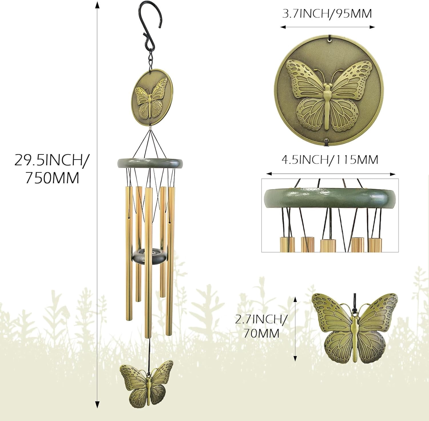 Wind Chimes Outdoor, 32” Bronze Butterfly Wind Chime for Garden Patio Yard Decor, Gift for Women