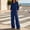 Dark Blue, variant on Women Washed Denim Collared Two Piece Set, Half Button Long Sleeve Top High Waist Pocket Wide Leg Pants Lightweight Daily Casual Outfit Light Blue XXXL(XXXL)