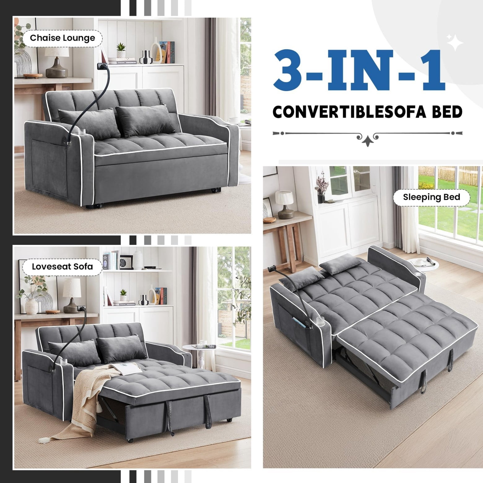 55" 3 in 1 Convertible Sofa Bed with Phone Holder, Loveseat Couch with Pull Out Bed, Space-Saving Apartment Sofa, Dark Gray