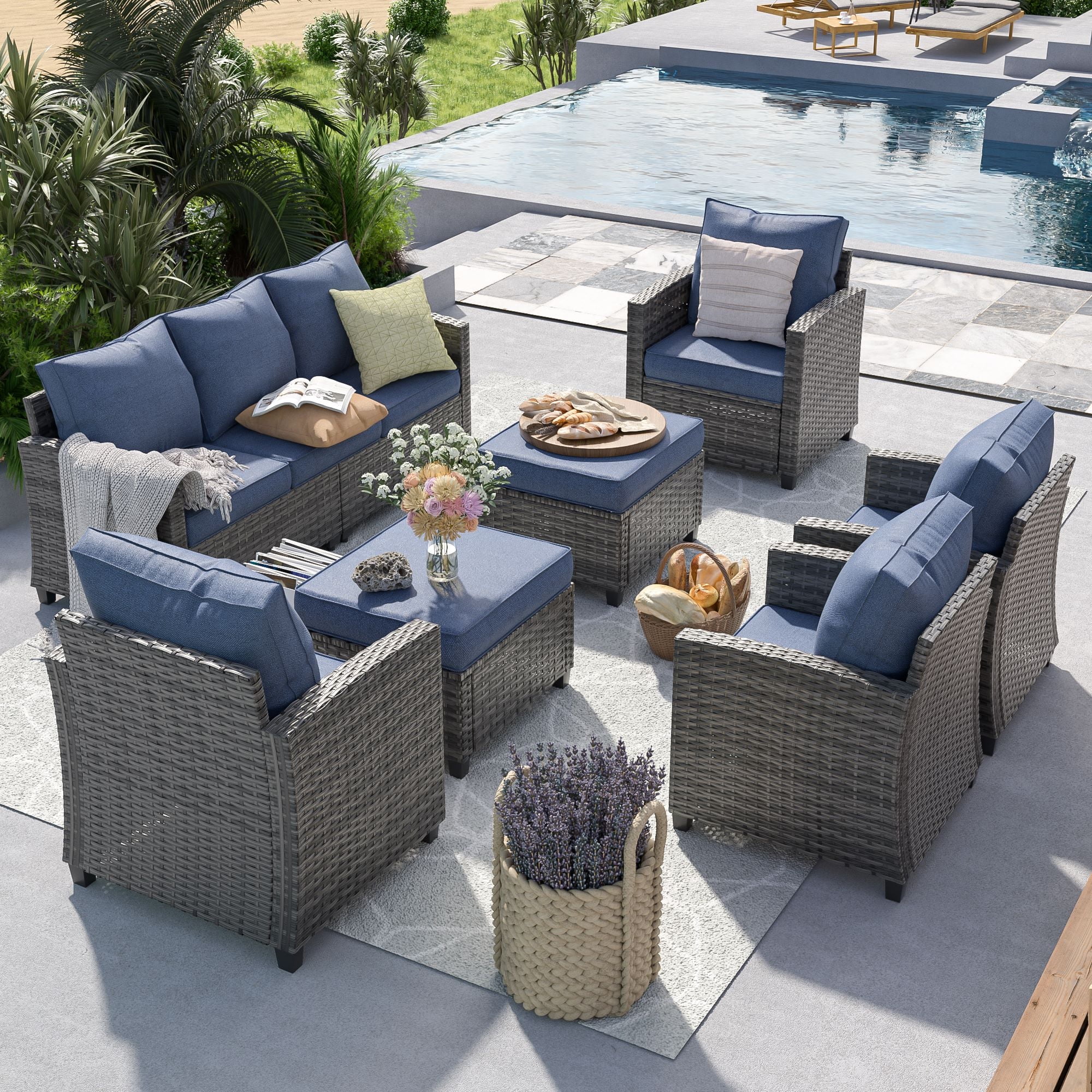 ELPOSUN 7 Pieces Outdoor Patio Furniture Set, 4 x Single Chair, 2 x Ottoman and 3-Seat Sofa with Cushions, Outdoor Wicker Sectional Conversation Set for Garden, Poolside, Backyard, Navy Blue Cushion