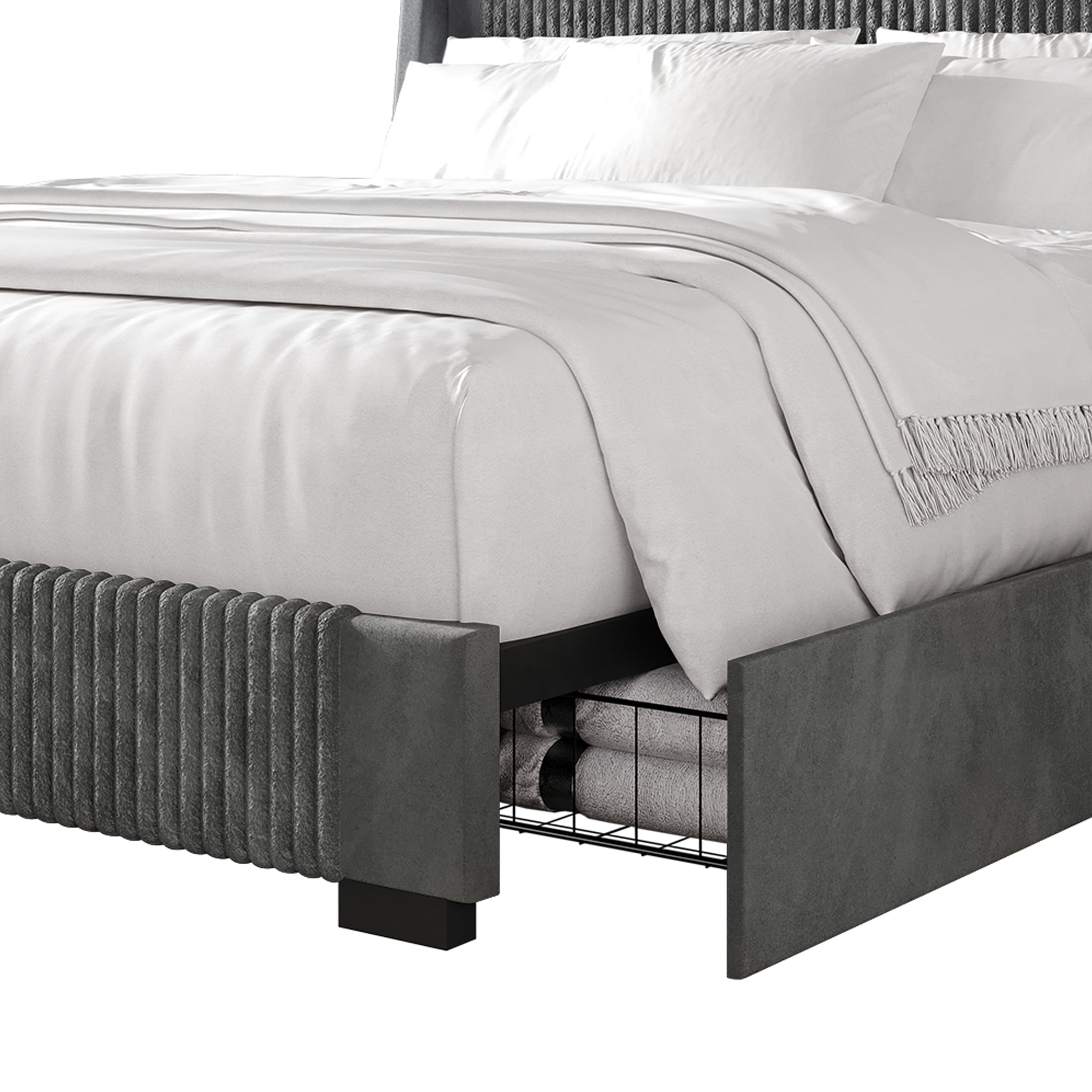 Castle Place Corduroy Velvet King Platform Bed With Storage, Grey
