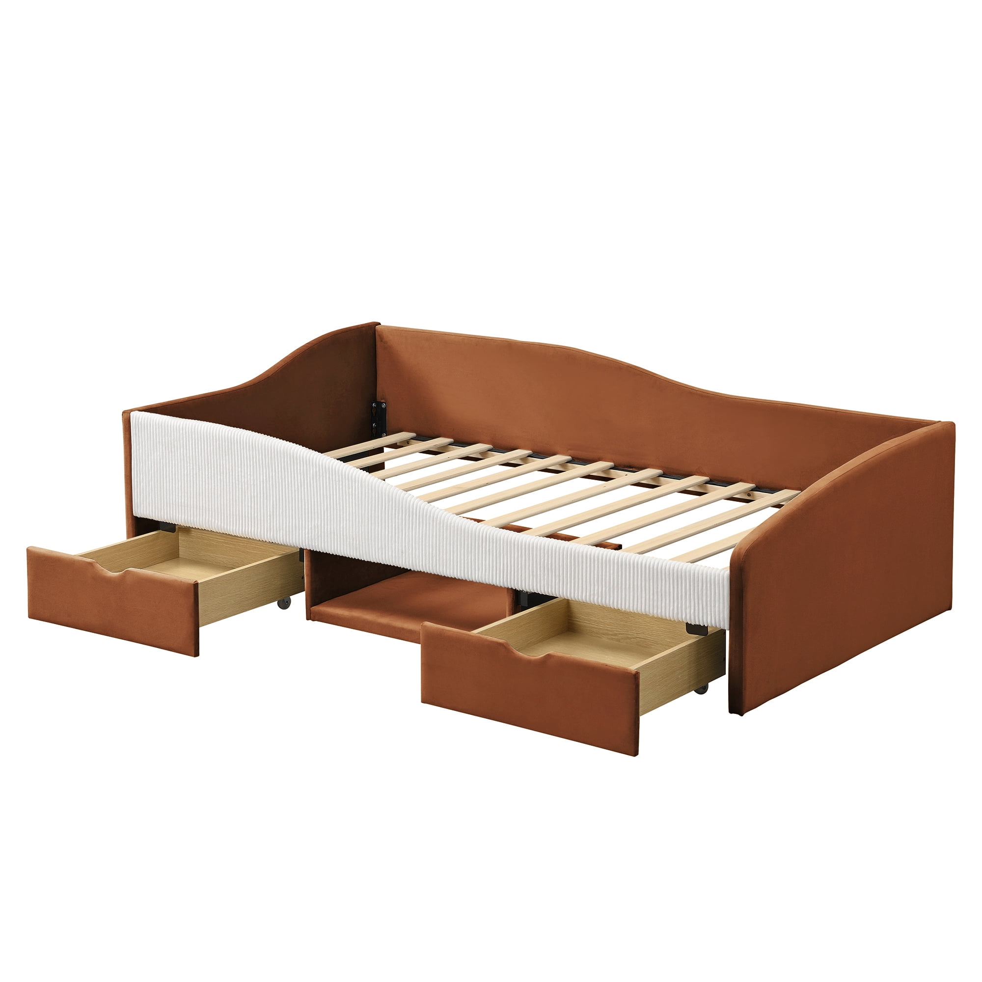 Aukfa Twin Size Upholstered Daybed with 2 Storage Drawers, Shelf and Curved Guardrails, Velvet Bed Frame, Brown