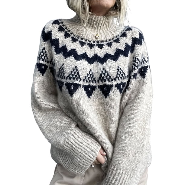 Suéter de Mujer Vintage de Cuello Redondo y Larga de Punto Grueso para Otoño e Invierno Gris L
