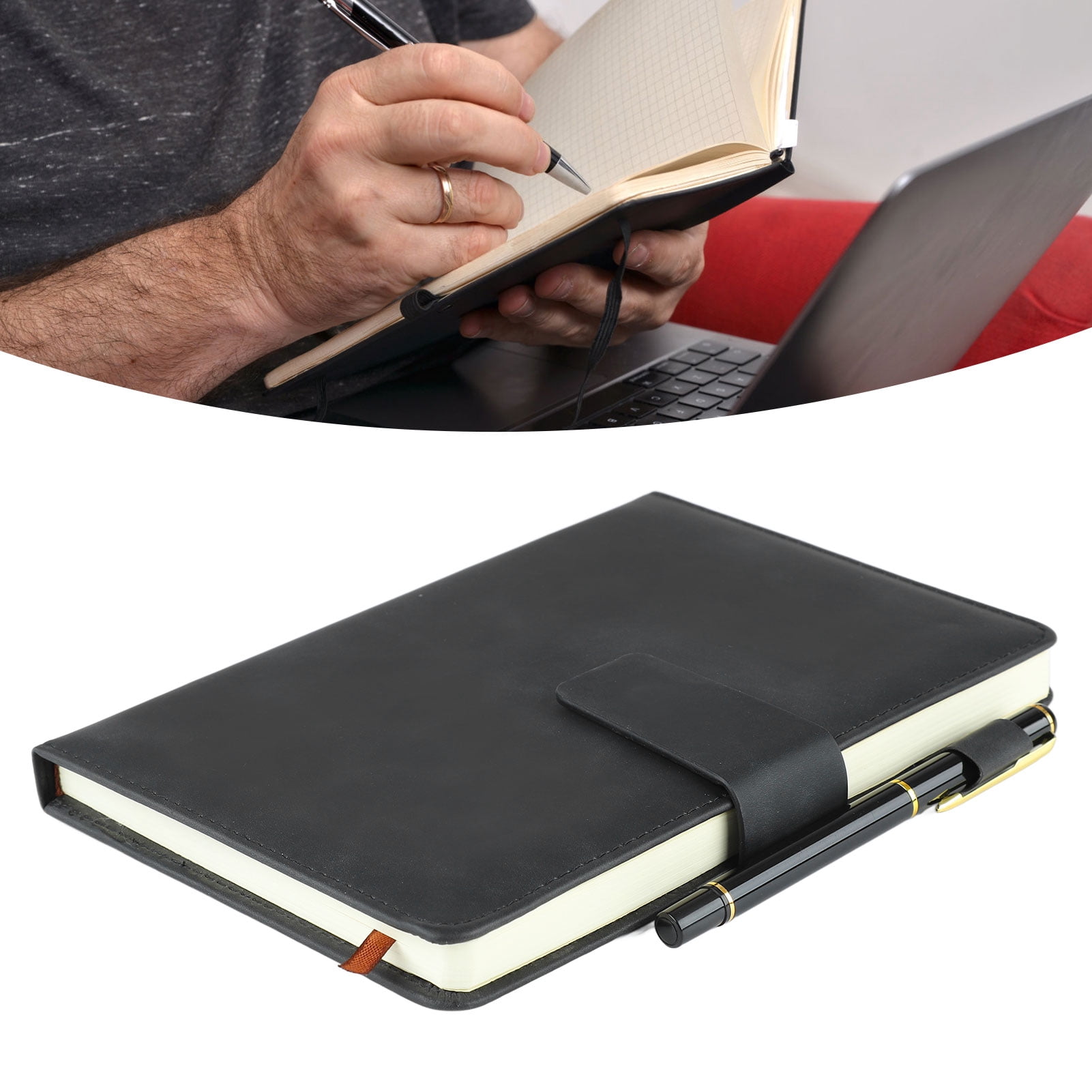 M Buder A5 Notebook PU Leather Ruled Journal with Pen, Black, 8.7 x 5.9 inches