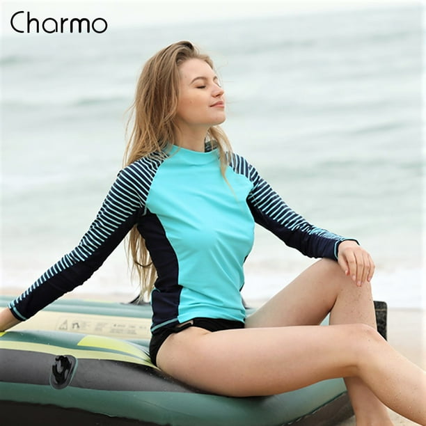 Charmo UV Swim Shirts for Women Basic UPF 50+ Long Sleeve Rash Guard Color  Block Swimwear