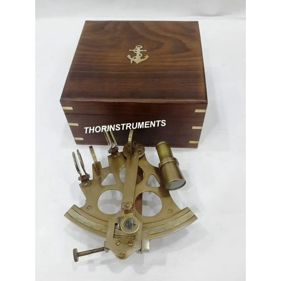 Antique Brass Collectible Nautical Marine Sextant w/ Wooden Box