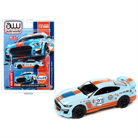 2022 Ford Mustang Shelby GT500 #23 Light Blue with Orange Stripes "Gulf Oil" Limited Edition to 4800 pieces Worldwide 1/64 Diecast Model Car by Auto World