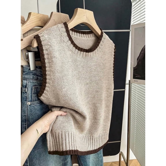 Women's Sleeveless Crew Neck Knit Sweater Top Contrast Trim Khaki Casual Loose Spring Fall Vest