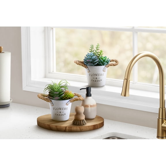 Artificial Plant - Set Of 2 - 7" Tall - Succulent - Table - White Metal Pots