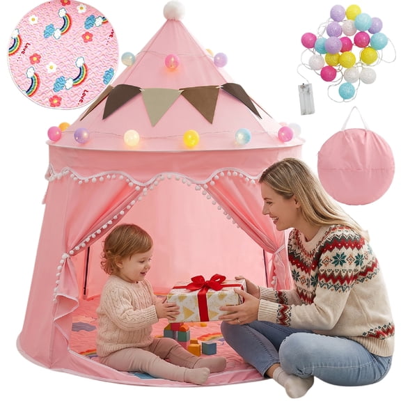 Princess Castle Play Tent for Girls, Pink Indoor Playhouse, Kids Play Tent with Lights, Christmas Gifts