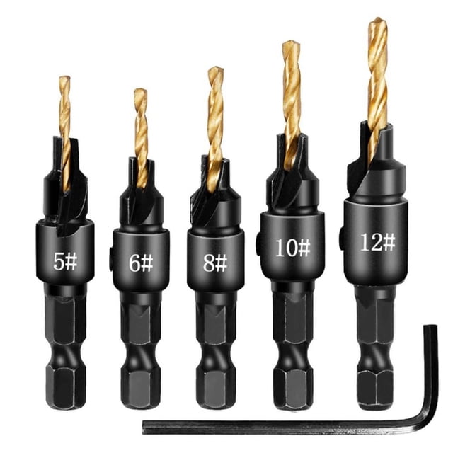 Set de brocas avellanadas de 5 piezas, acero rápido M2 y acero de alto carbono, vástago hexagonal de 1/4", profundidad ajustable, biselado de 82 grados madera PVC plástico