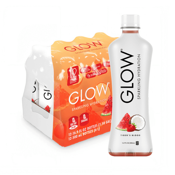 GLOW Sparkling Hydration Water - Caffeine-Free Drink with Vitamins - Tiger's Blood