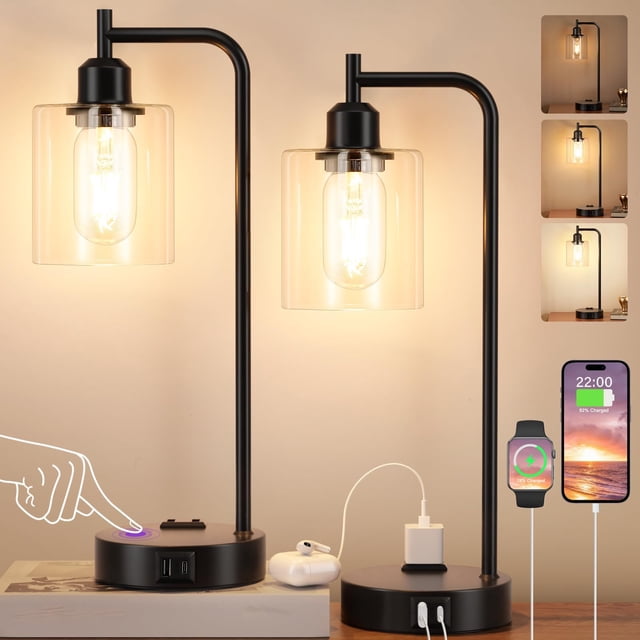 Set de 2 Lámparas de Mesa Industriales Innqoo con Control Táctil y Puertos USB