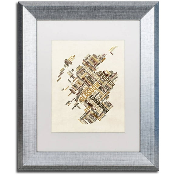 Trademark Fine Art "Scotland Typography Text Map 6" Canvas Art by Michael Tompsett, White Matte, Silver Frame