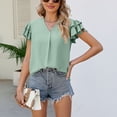 thumbnail image 2 of Top de manga con volantes en capas para mujer, blusa informal con cuello en V, Color liso, elegante, de verano, verde, XL, 2 of 6