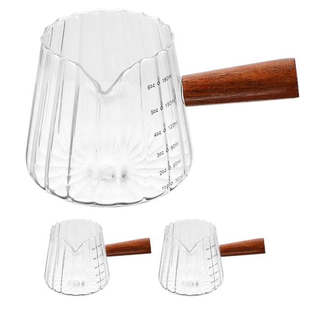 3 tazas de vidrio para espresso de 180 ml, medidoras pequeñas con mango de madera, jarra transparente para crema de leche, ideal para bar o cafetería en casa