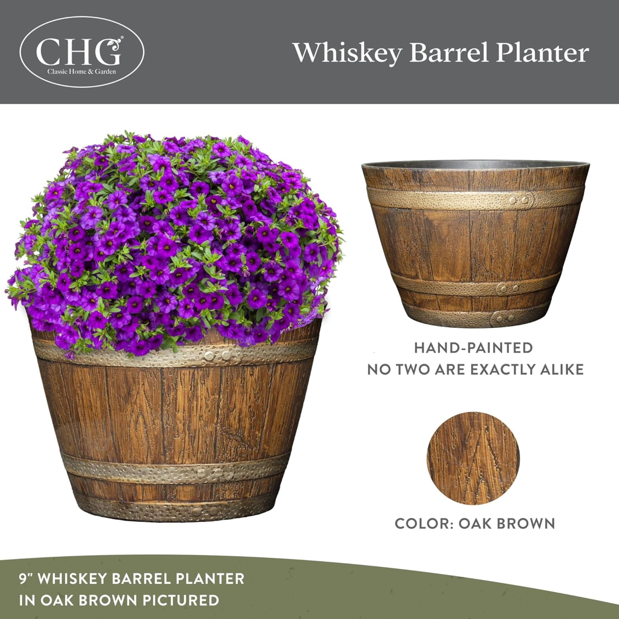 Classic Home and Garden Outdoor Round Whiskey Resin Flower Pot Barrel Planter, Kentucky Walnut Brown, 15"