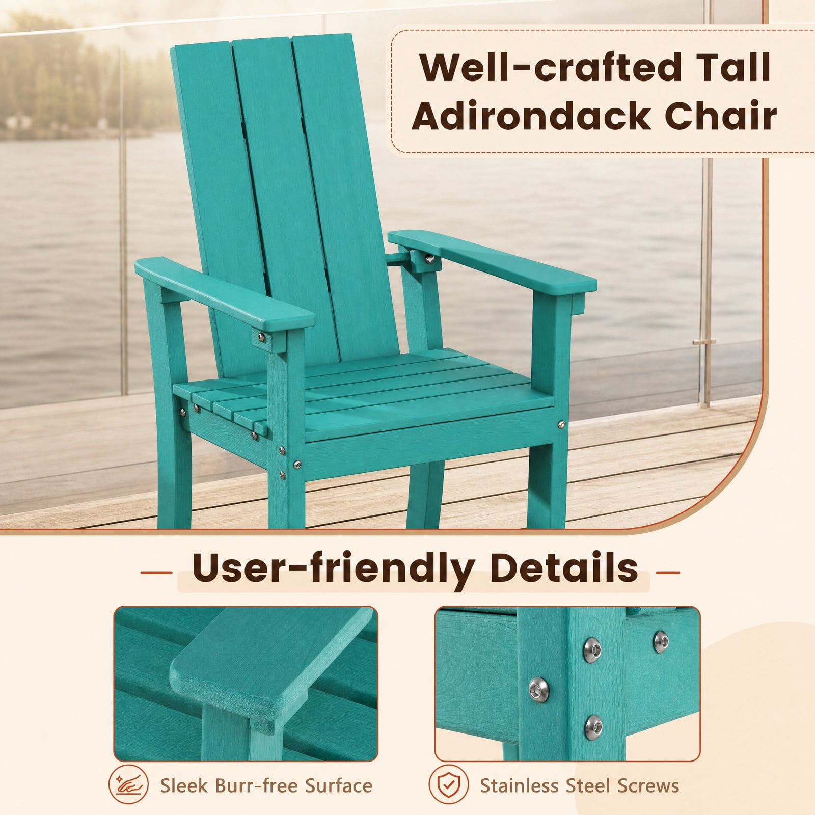 Furnibear Tall Outdoor Bar Stool Adirondack Chair with Ergonomic Backrest and Footrest for Backyard Patio Deck, Turquoise