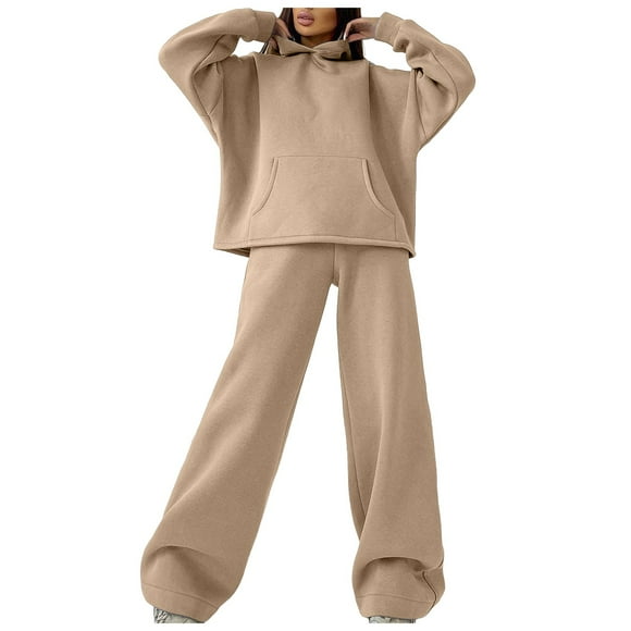 Fgnfyis Women's and Winter Hooded Pocket Hoodie Set Two Piece Women's Trousers Suit Beige S