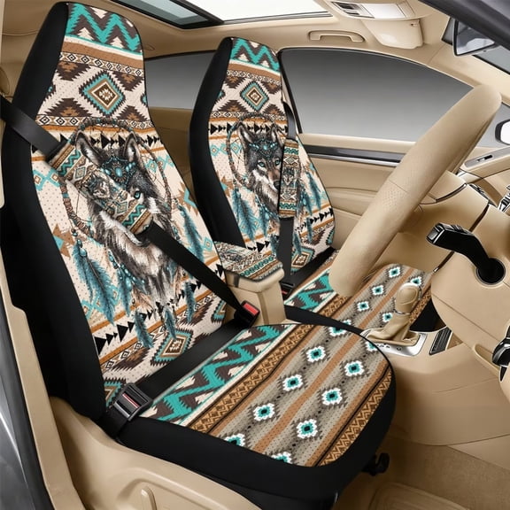 Xixirimido 5Pcs Car Seat Covers & Seatbelt Covers & Center Console Cover Set Universal Auto Accessories Fit for SUV Sedan Van Truck Leather Front Seat Cover, Ethnic Tribal Wolf Dream Catcher