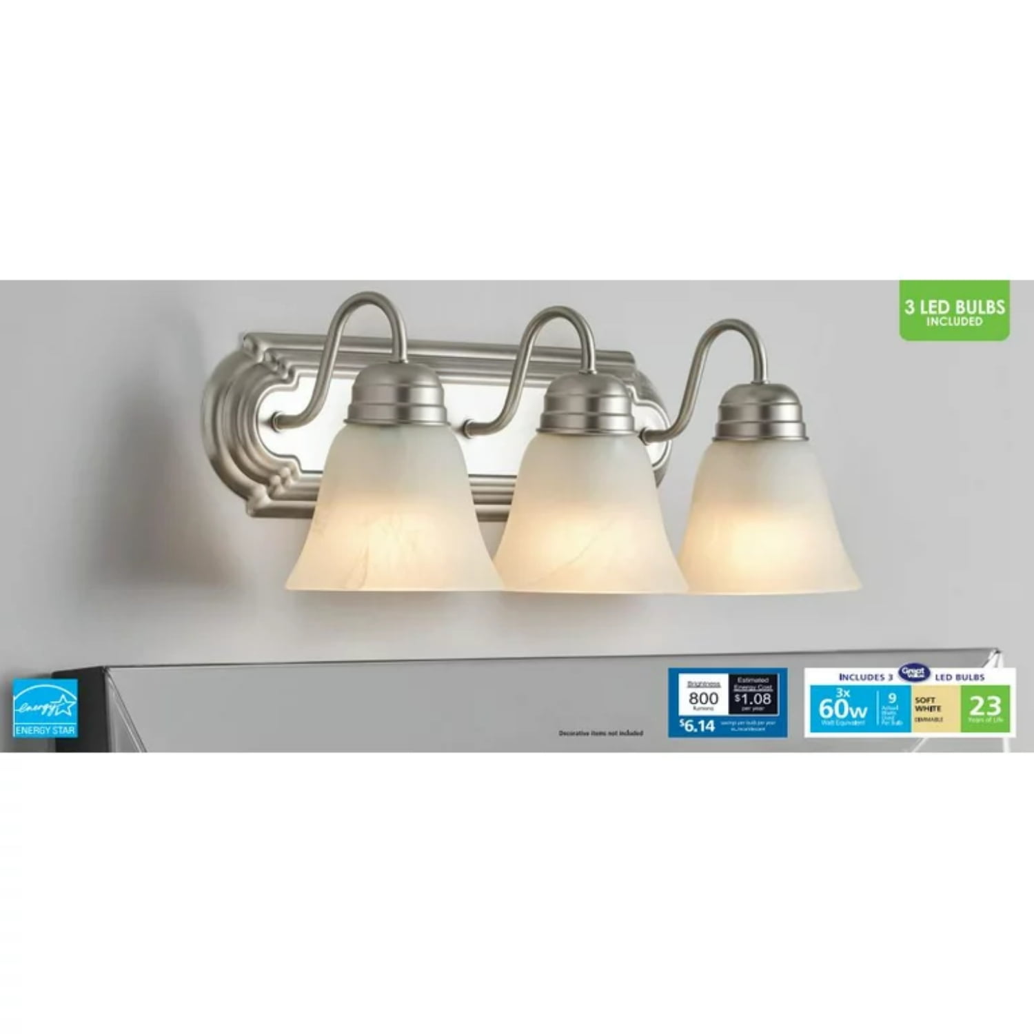 Mainstays 19.69in Classic LED Bathroom Vanity Light for Mirrors, 3 Alabaster Shades E26 Base, Satin