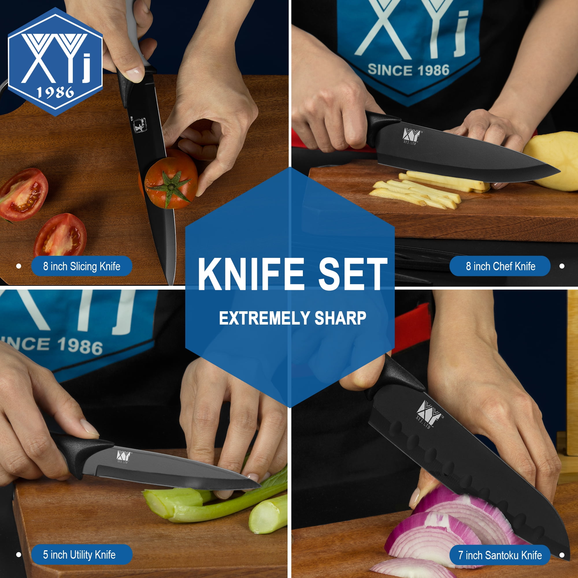 XYj 9pcs Camping Knife Set Full Tang Hammered Finger Hole Blade Ultra Sharp  Cooking Knives With Bag Honing Steel Scissors