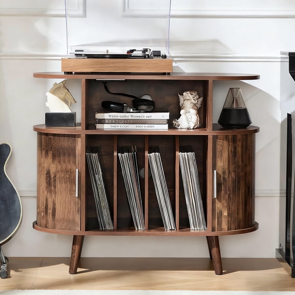 LELELINKY 35.5in Round Record Player Stand with Charging Station & Vinyl Storage, Mid-Century Turntable Stand for Living Room, Black