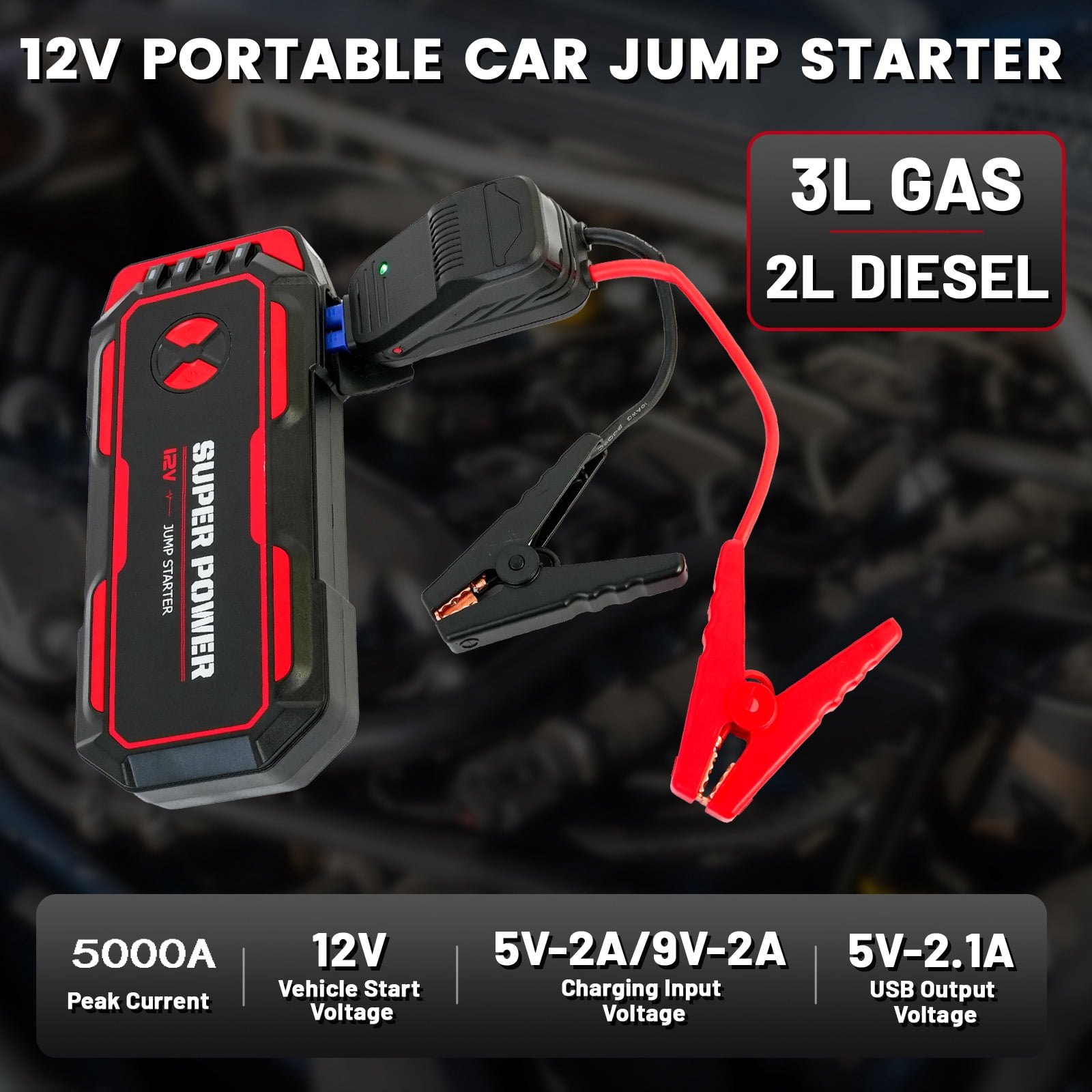 Sennachine 5000A Peak Power Portable Car Jump Starter, Compact Battery Jumper Box with USB Ports, LED Flashlight