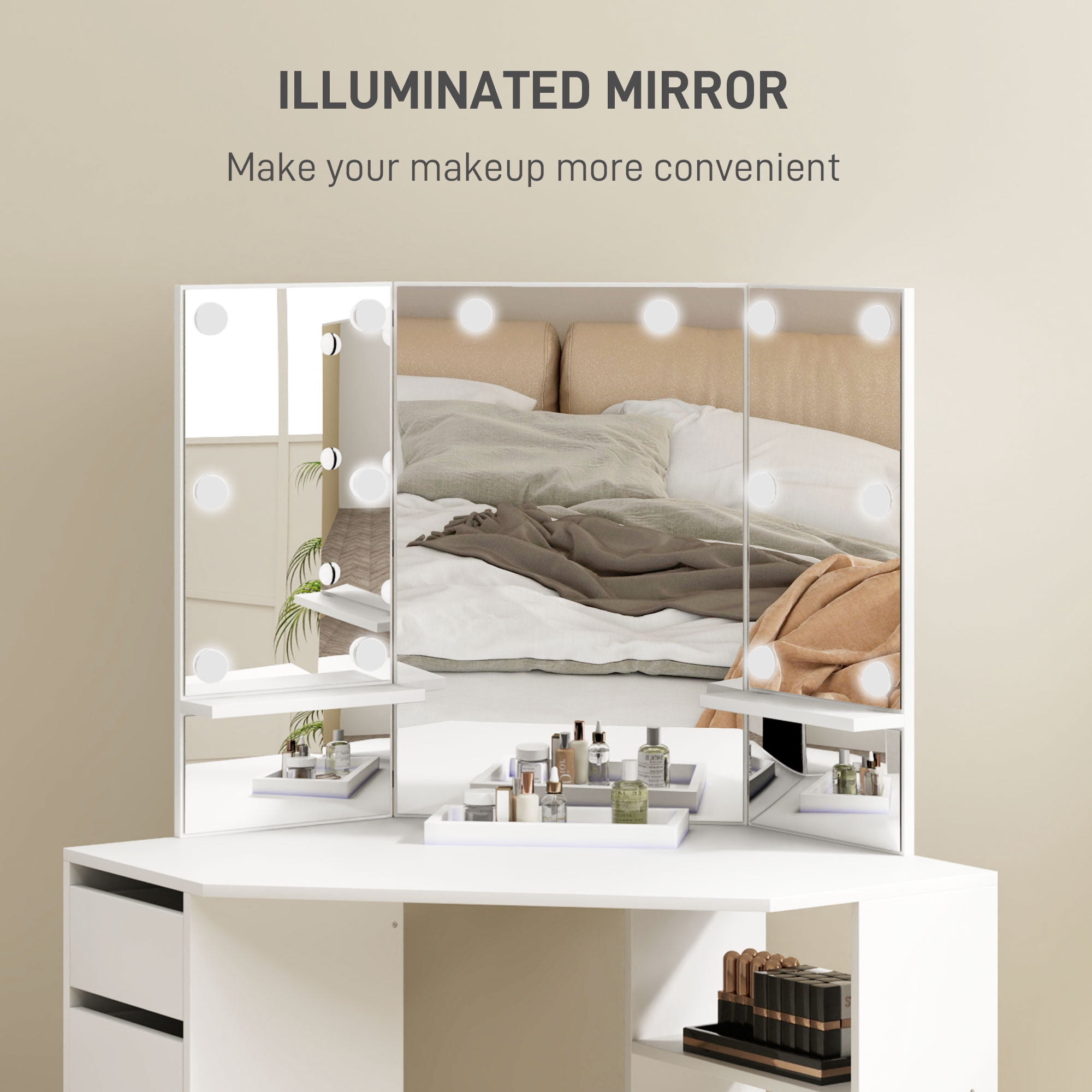 Coiffeuse Avec Miroir LED Hollywood - 10 Lumières 3 Couleurs - Table De Maquillage Avec Tiroir, Placard, Étages - Blanc Et Or - 80 X 40 X 135 Cm