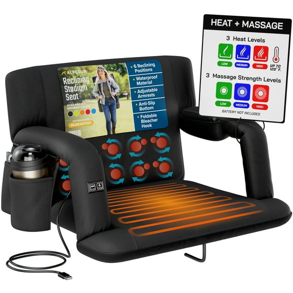 Alpcour Heated Massage Reclining Stadium Seat - Extra Thick Waterproof Portable Chair with Wide Back Support - Black
