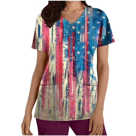 

Womens Summer Scrub Tops V Neck 4th of July Stars Stripes Print Workwear Casual Short Sleeve Patriotic Shirts with Pocket