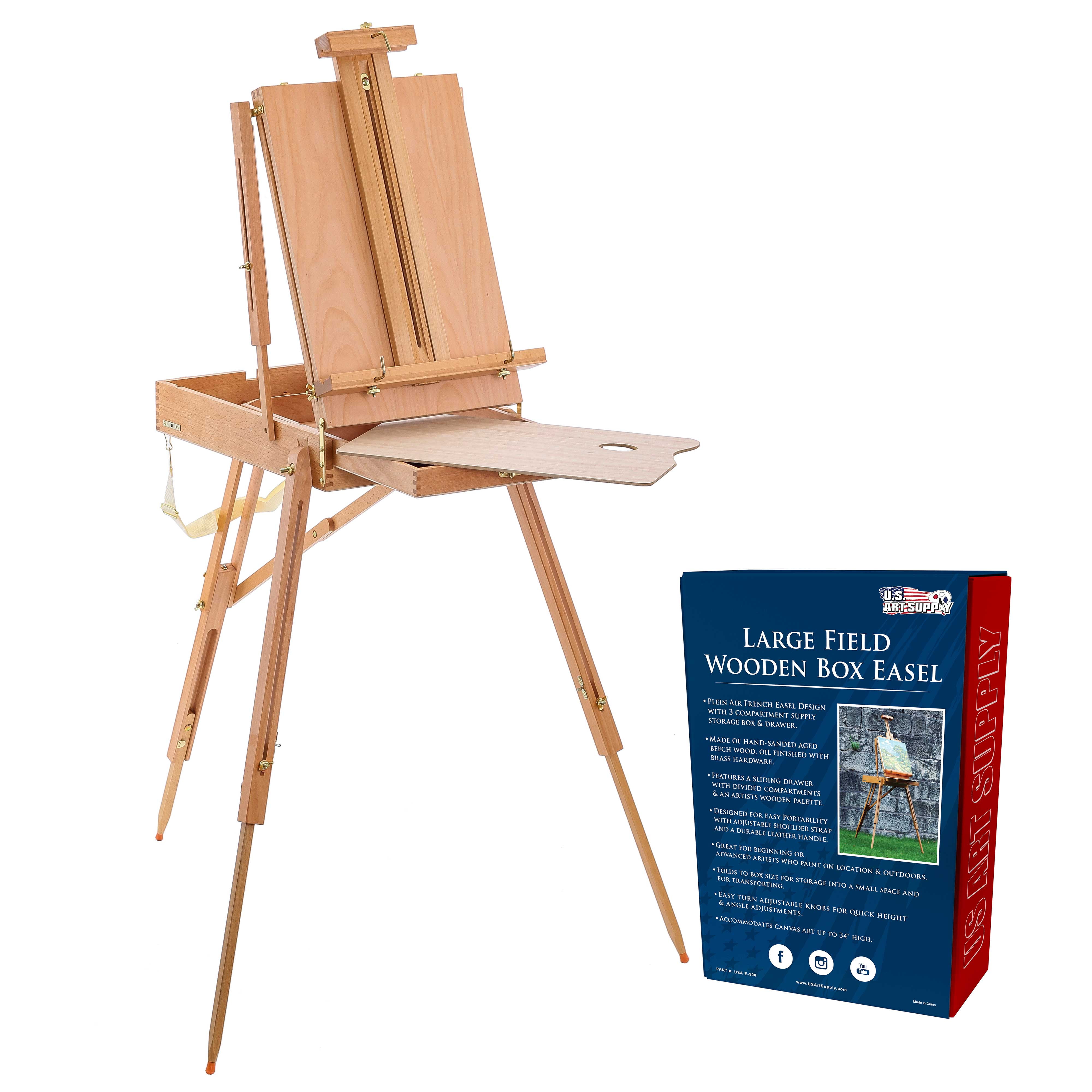 US Art Supply Walnut 2-Drawer Adjustable Wooden Storage Box with Fold Up Solid Drawing Easel 