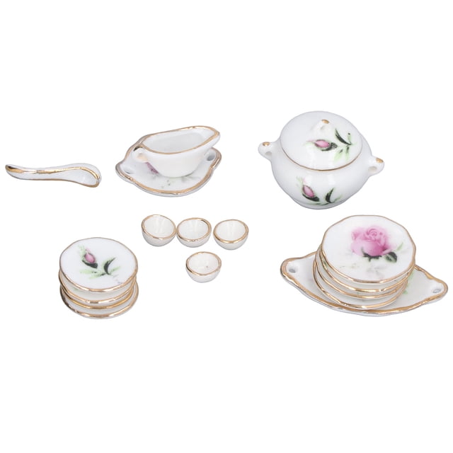 Utensilios de cocina para casa de muñecas, juego de tazas de té decorativas de porcelana en miniatura para casa de muñecas 1:12, juego de tazas y platos de tetera para