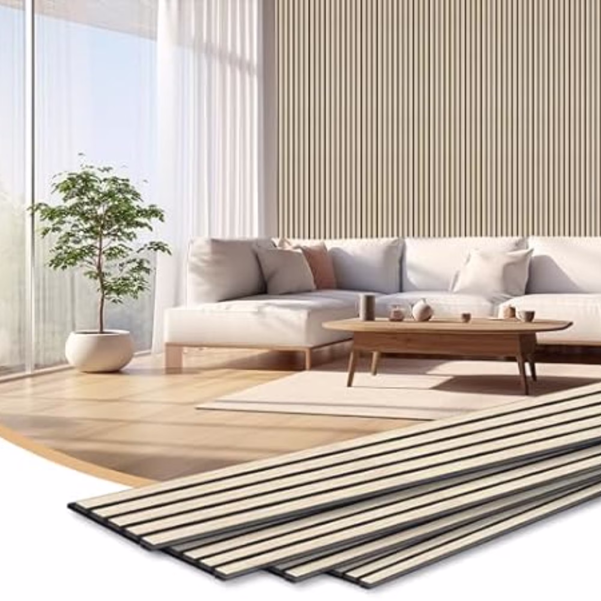 Oak, variant on INTIGE 4-Pack 92.5 x 7.87in. WPC Acoustic Slat Wall Panel for Modern Interior Decor, TV Background, Living Room,