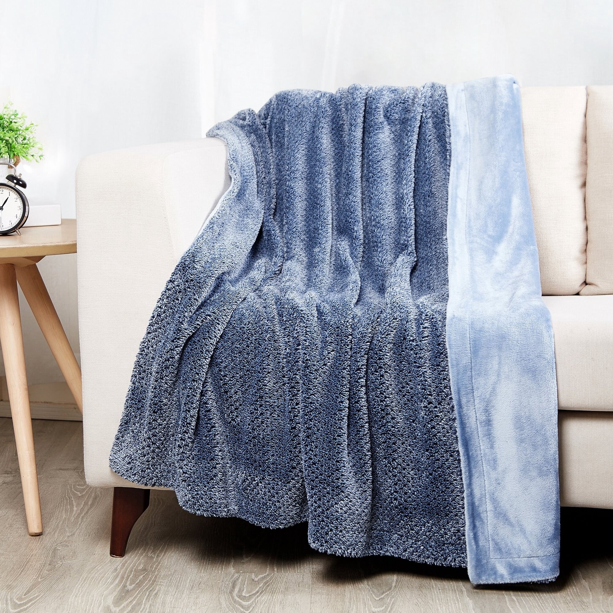 SoftLux Melange Navy and Blue Waffle Texture Velvet Plush Fleece Dual Layer Reversible Throw Blanket, 50" x 60", Adults and Teens