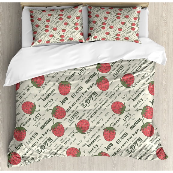 Fruits Duvet Cover Set King Size, Retro Valentine Theme with Strawberry Love Happiness Merry Lucky Image, Decorative 3 Piece Bedding Set with 2 Pillow Shams, Eggshell Ruby Army Green, by Ambesonne