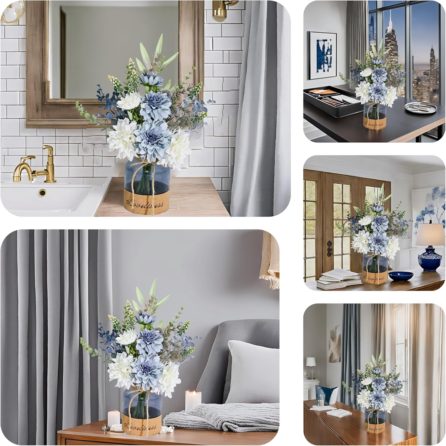Floral Arrangement with White and Blue Flowers in Glass Vase, Faux Flowers Plants Decor Suitable for Home Office Table Decorations, Dining Table Bathroom Kitchen Decor