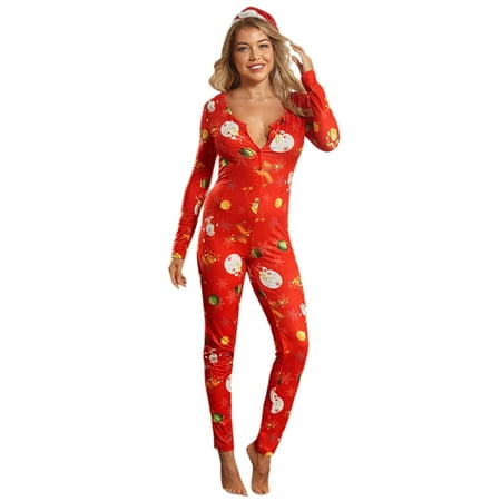 

Women s Christmas Pajamas Suit Printed V-neck Button Set Long Sleeve Long One-piece Ladies Pajamas Jumpsuit Yoga Jumpsuits for Women