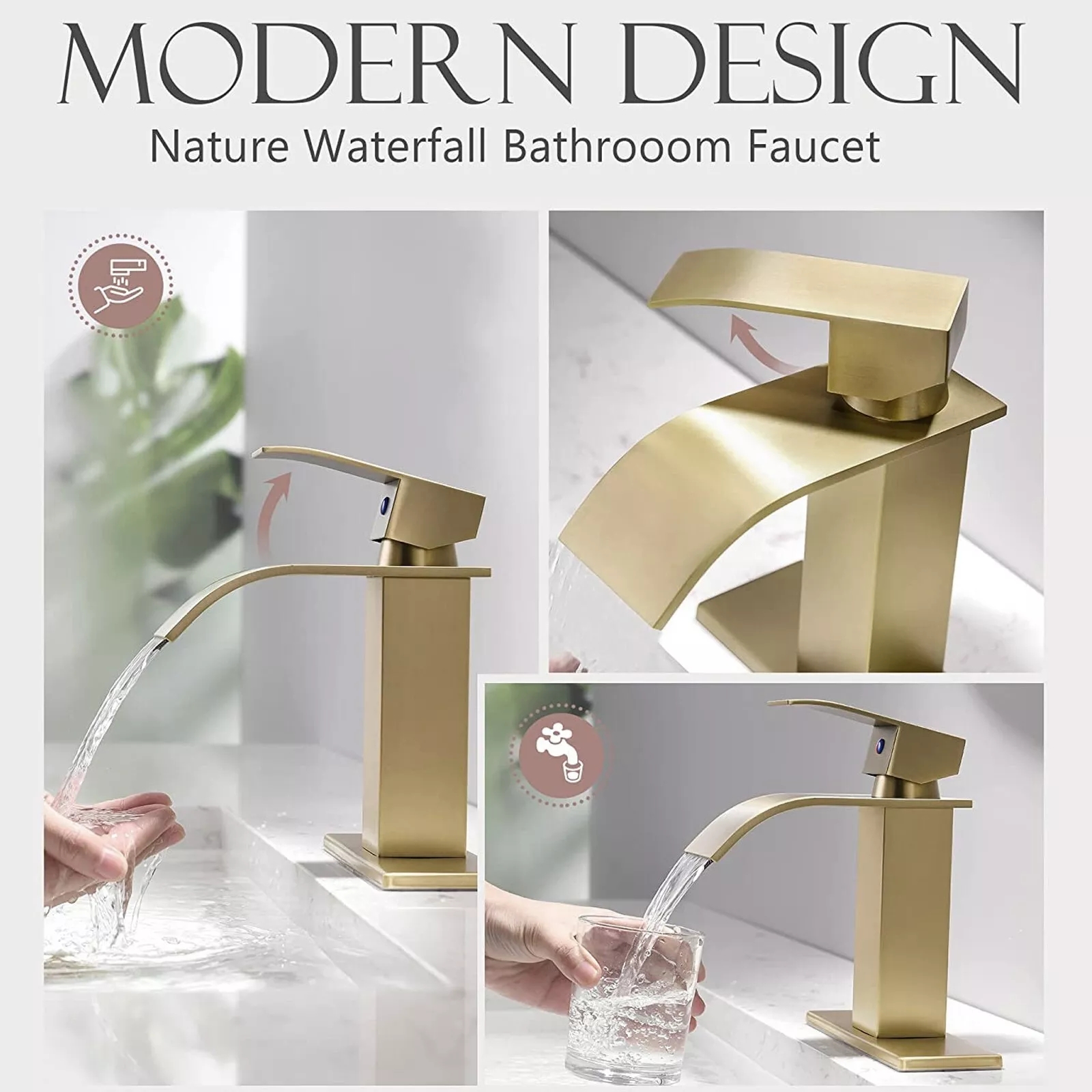 Brushed Gold Single Handle Bathroom Sink Faucet Waterfall Vanity Mixer w/Drain