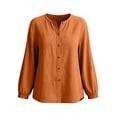 thumbnail image 4 of ClodeEU Women's Linen Blend Crewneck Long Sleeve Button Down Shirt with Cinched Cuffs ,Casual Loose Fit Blouse Orange,Women's Plus XL, 4 of 7