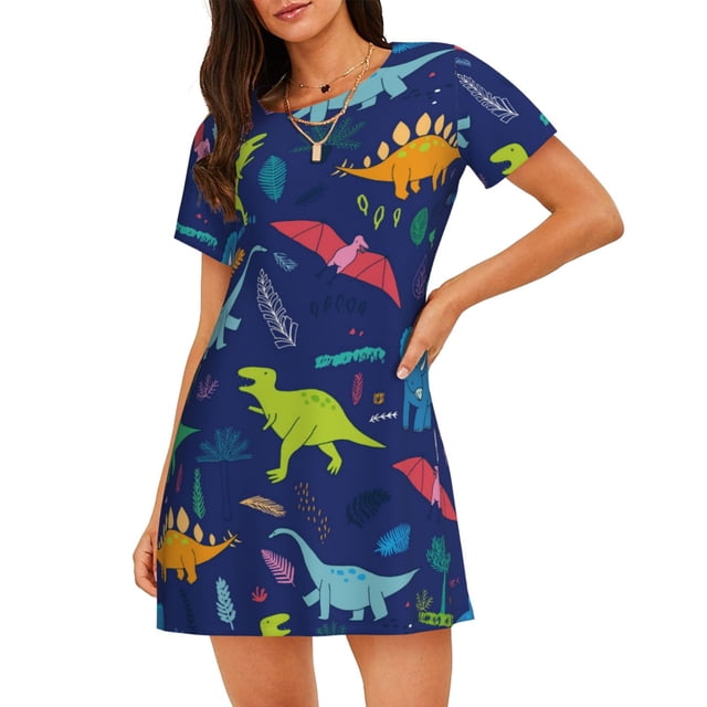 Fotbe Dinosaurs Bata de Dormir para Mujer con Estampado, Camisón de Algodón de Manga Corta, Ropa de Dormir Casual