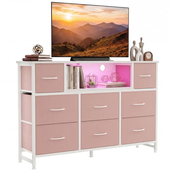 JIOABL TV Stand with 8 Fabric Drawers & Power Outlet, LED TV Console with USB & Type-C, Storage Dresser for Living Room, Pink