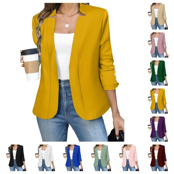 SAWOBUUN Womens Open Front Blazer Jacket Long Sleeve Casual Office Lightweight Suit Cardigan