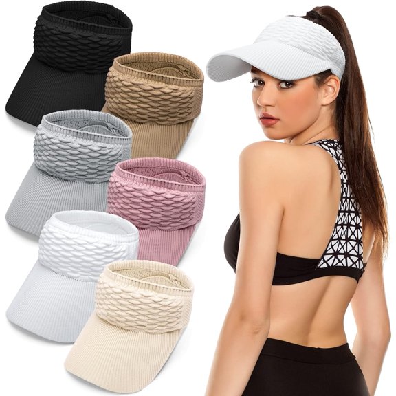 Derest 6 Pieces Women Sun Visor Hat for Women Knitted Hats Elastic Sports Hat Empty Top Quick Drying Wide Brim Golf Hat