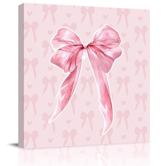 Wall Art Prints, Pink Bow Framed Canvas Prints for Bedroom Living Room Bathroom Office, Cute Watercolor Girls Cartoon Luxury Gallery Wrap Wall Art Poster for Gifts Home Decor 8"x8"